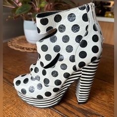 These Are So Cool But I Can’t Figure Out The Brand M. It Says “B” And They Are Made In Mexico. Never Worn And I Don’t See Any Flaws. Marked Size 38 But They Fit Like A 6 Or 6.5 Black And White Boots, Jack And Sally, White Plaid, High Heel Boots, Bootie Boots, Stiletto Heels, Polka Dots, Ankle Boots, Stripes