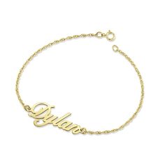 Wrap your wrist in personalized panache with this stylish name bracelet. Fashioned in your choice of metal, this sophisticated look features your name - up to eight characters in length - sculpted in a cursive font. Buffed to a brilliant luster, this 7.25-inch rope chain bracelet, with an additional closure ring at 6.25 inches, secures with a spring-ring clasp. Classic Customized Name Bracelet As Personalized Gift, Classic Customized Name Bracelet For Personalized Gift, Elegant Personalized Name Bracelet As Gift, Classic Customized Name Bracelet Adjustable, Classic Customized Adjustable Name Bracelet, Classic Adjustable Customized Name Bracelet, Classic Personalized Name Bracelets, Personalized Nameplate Chain Bracelet, Classic Personalized Nameplate Bracelets