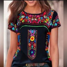 Floral Print Ethnic T-Shirt ~ Boho Crew Neck Short Sleeve ~ Summer T-Shirt ~ Women's Clothing Slight Stretch Cuffed Sleeves Polyester ~ In-Stock: One Small ~ $25 Plus Tax & Shipping Colorful Bohemian Tops With Graphic Print, Casual Multicolor Print T-shirt With Colorful Pattern, Casual T-shirt With Colorful Multicolor Print, Bohemian Multicolor Print Short Sleeve T-shirt, Multicolor Bohemian T-shirt For Spring, Colorful Bohemian Short Sleeve Tops, Red Bohemian T-shirt For Spring, Casual T-shirt With Vibrant Print And Short Sleeves, Casual Short Sleeve T-shirt With Vibrant Print