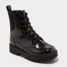 Elevate your child's shoe game with these Rochelle Lace-Up Combat Boots from art class™. These no-heel boots boast a black faux-leather upper with glitter accents, round toe, and soft fabric insole and lining. Enhanced with a black lace-up front, side zipper, elastic panel and pull tab, the closed-toe shoes keep your child comfortable wherever they go. art class™: One-of-a-kind looks for the one and only you. Black Boots With Laces, Green Combat Boots, No Heel Boots, Style Combat Boots, Boots With Laces, Girls Black Boots, Goth Boots, Sneaker Art, Womens Combat Boots