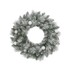 a christmas wreath with white balls and pine cones on it, against a white background