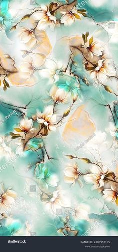 an abstract floral background with white flowers and green leaves on a light blue background stock photo