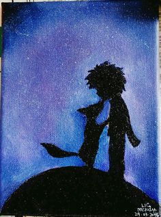 an acrylic painting of a boy and a dog on a hill at night