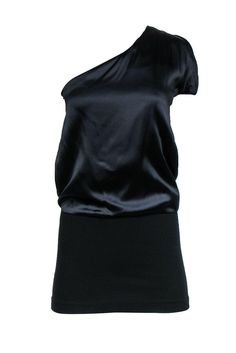 Current Boutique-Theory - Black One-Shoulder Satin & Knit Tunic Sz 4 Modern Stretch Tops For Party, Asymmetrical Satin Top For Night Out, One-shoulder Silk Top For Formal Occasions, One Shoulder Silk Top For Formal Occasions, Formal Silk One-shoulder Top, Silk Top With Asymmetrical Neckline For Party, Satin Top With Asymmetrical Neckline For Night Out, Satin Tops With Asymmetrical Neckline For Night Out, Elegant Asymmetrical Satin Top