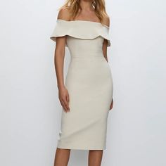 Color Is Listed As Bone, Nwt Condition Aritzia Elegant Off-shoulder Beige Dress, Beige Off-shoulder Evening Dress, Elegant Beige Off-shoulder Dress, Elegant Midi Dress With Ruffles And Straight Neckline, Cream Off-shoulder Dress With Ruffles, Elegant Fitted Neutral Midi Dress, Elegant Off-shoulder Cream Mini Dress, Elegant Cream Midi Dress With Ruffles, Elegant Cream Off-shoulder Mini Dress