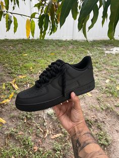 custom made matte black af1 with black rope laces. Brand new and comes with box. Please select your size and I will get started on your order. No returns as these are custom and made to order. Black Af1 Custom, Black Af1 Outfit, Black Af1, Af1 Outfit, Black Force, Teenage Dress, Black Rope, Sneakers Athletic, Swag Shoes