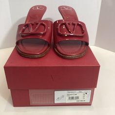 Valentino Vlogo Patent Leather Sandals, Open Toe, Slip On Style, Line Thru Inside Label, Shoes Are Pre-Owned. Sx 37.5 Color Is Rosso Valentino Garavani Shoes, Valentino Garavani, Women's Shoes Sandals, Leather Sandals, Patent Leather, Open Toe, Shoes Sandals, Slip On, Women Shoes