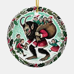 a christmas ornament with an image of a troll holding a sack and children around it