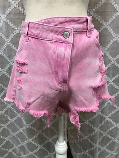 Pink Distressed Shorts Summer Cotton Ripped Shorts, Trendy Ripped Cotton Shorts, Pink Bottoms With Frayed Hem For Summer, Trendy Distressed Shorts, Ripped Shorts For Spring, Pink Distressed Cotton Bottoms, Pink Frayed Hem Shorts For Summer, Distressed Pink Cotton Bottoms, Trendy Ripped Pink Bottoms