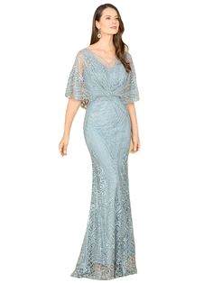 Beautiful mermaid gown with short cape style sleeves and a v neckline in lace fabric. Features floral pattern lace applique and beads. Back zip Polyester lace on polyester lining Professionally clean Imported Cape sleeves Fits slightly small, we recommend sizing up Fitted with a mermaid bottom Model is 5'9 wearing a size 4 Cape Dresses, Floral Applique Dress, Cape Gown, Long Gown Dress, Cape Style, Capes For Women, Cape Sleeves, Lace Mermaid, Beaded Gown