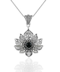 Filigree Art Silver Lotus Flower Black Onyx Gemstone Women Pendant Necklace - Filigranist Jewelry Blue Topaz Pendant Necklace, Quartz Pendant Necklace, Malachite Pendant, Amethyst Necklace Pendant, Silver Polish, Women Pendant, Aqua Chalcedony, Flower Pendant Necklace, Sterling Silver Filigree