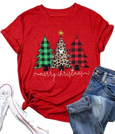 PRICES MAY VARY. Cotton Blend Imported Pull On closure Design of Christmas Print --- Merry christmas t shirt for women, xmas t-shirt, christmas tree graphic shirts, woman leopard print tees shirts, ladies buffalo plaid christmas t-shirts, xmas gift blouse tops, classic crew neck and vacation loose fit tees is perfect for christmas holiday celebration. Material --- This womens christmas tree is made of soft fabric, it's soft and comfortable, skin-friendly and full of little stretchy, comfy materi Cheap Cotton Christmas Shirt, Cheap Women's Christmas T-shirt, Cheap Festive Shirt With Crew Neck, Affordable Cotton Christmas Shirt, Cheap Cotton T-shirt For Holiday, Affordable Casual Holiday Shirt, Womens Christmas Blouses, Christmas Cricut Shirts Free, Short Sleeve Christmas Shirt