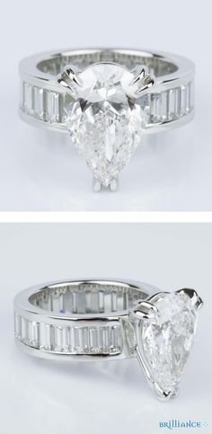 two different views of an engagement ring with side stones and baguetts on each side