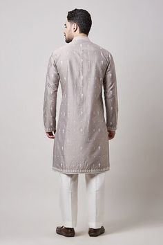 Grey cotton silk kurta with fine mughal motif embroidery. Paired with an ivory pant. - Aza Fashions Ceremonial Silk Kurta With Chikankari Embroidery, Motif Embroidery, Men Kurta, Silk Kurta, Band Collar, Pant Set, Embroidered Silk, Grey Cotton, Cotton Silk