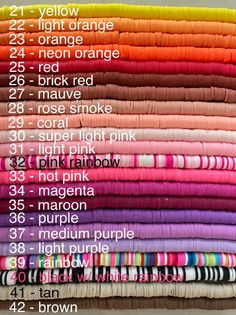 a stack of different colored fabrics with the words, color chart for each item on it