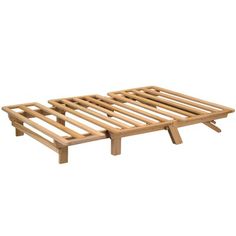 a wooden bed frame with slats on top and bottom, in front of a white background