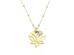 "Gold Lotus Flower Pendant Necklace with Genuine Aquamarine Accent, March Birthstone Gemstone Necklace, Dainty Layering Necklace (14k gold filled chain and 24k vermeil) A beautiful 24k gold vermeil matte finish gilded Lotus Flower charm with a dainty aquamarine accent hangs sweetly at the center of a dainty beaded 'satellite' chain. This gorgeous necklace is an every-day easy to wear style that will become your new favorite piece! Great for layering with other simple necklaces. ★ NECKLACE DETAIL Lotus Flower Symbolism, Gold Lotus Flower, Lotus Flower Pendant, Simple Necklaces, Dainty Necklace Layered, Gold Lotus, March Birthstone, Small Charms, Flower Pendant Necklace