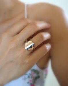 "Beautiful classy yet bold coordinate ring. A constant reminder of a special place that you hold so near and dear to your heart. You can have any location or address converted into coordinates for your ring. Simply leave me a message in the \"Add your personalization\" field. In addition, I can engrave a special message on the back in a block font. You can have up to 15 characters including spaces and punctuation. This ring comes in 14k gold fill, 14k rose gold fill or sterling silver. The disc Nickel-free Meaningful Promise Ring, Meaningful Sterling Silver Engraved Ring, Engraved Meaningful Promise Rings, Meaningful Stackable Promise Rings, Meaningful Sterling Silver Promise Ring, Meaningful Sterling Silver Ring For Anniversary, Hand Stamped Stackable Rings For Anniversary, Everyday Hand Stamped Stackable Rings, Everyday Hand Stamped Silver Rings