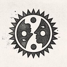 the sun and moon are depicted in this black and white drawing, with two faces facing each other