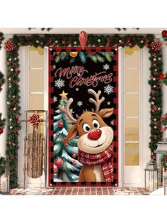 christmas door cover with reindeer and pine trees on the front porch, surrounded by holiday decorations