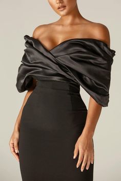 Maribel Crepe Ruffle Shoulder Dress (Black) – Alieva Off Shoulder Dress Formal Classy, Off Shoulder Dress Formal, One Shoulder Ruffle Dress, Ruffle Shoulder Dress, Business Attire For Men, Black Dresses Classy, Off Shoulder Gown, Shoulder Ruffle Dress, Bandage Dresses