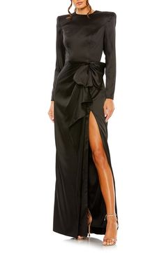 Mac Duggal Satin Bow Long Sleeve Column Gown | Nordstrom Designer Formal Dresses, Navy Blue Bridesmaid Dresses, Black Tie Wedding Guests, Drape Gowns, Formal Dresses With Sleeves, Long Sleeve Prom, Dusty Rose Dress, Burgundy Prom Dress, Black Bridesmaid Dresses