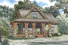 this is an artist's rendering of a small cabin style house with porches