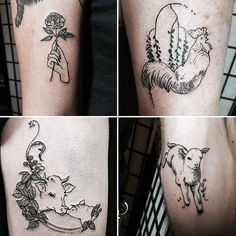 four different tattoos on the legs of people with animals and flowers in their hair,