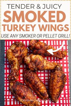 grilled chicken wings on a red and white checkered tablecloth with text overlay