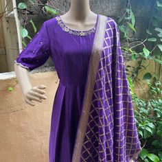 Pure chanderi Hand embroidered Anarkali with pure chanderi dupatta / purple blue anarkali suit set / anarkali dupatta USA / chanderi golden dupatta / Indian dresses/ voggish / party dress Looking for a perfect indian dress/anarkali/suit sets that are trendy, unique and easy to carry !! yess, You are at the right place. we carry such versatile pieces of anarkalis and suit sets that really let you stand out in any occassion !! featuring this beautiful pure chanderi dress in purple color with hand Traditional Slub Silk Churidar With Dabka Work, Festive Raw Silk Anarkali Set With Dori Work, Dola Silk Anarkali Set With Dupatta For Navratri, Navratri Dola Silk Anarkali Set With Dupatta, Designer Chanderi Anarkali Set With Dabka Work, Unstitched Anarkali Set In Traditional Drape, Slub Silk Salwar Kameez With Dori Work For Eid, Designer Anarkali Dupatta With Zari Work, Traditional Silk Anarkali Set With Gota Work