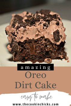 an oreo dirt cake on a plate with the title overlaying it's image