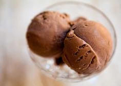 two scoops of ice cream in a glass bowl