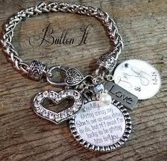 "This DOUBLE pendant bracelet is a great gift to give your future daughter in law at her bridal shower, or on her wedding day. This bracelet is made to order, so it is able to be customized. It features an antique silver plated link bracelet that is lead~free, nickel~free, cadmium~free, that has a 7.75\" long chain and 25mm x 16mm large lobster clasp. The custom main 1 1/4\" pendant will come personalized with the bride's name and any of the quotes shown. It will also come with a LOVE charm and Main 1, Gift Wedding Anniversary, Personalized Pendant, Daughter In Law, Love Charms, Rhinestone Heart, Pendant Bracelet, Daughter Gifts, Wedding Bracelet