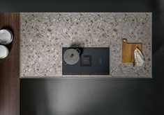 an overhead view of a kitchen counter top