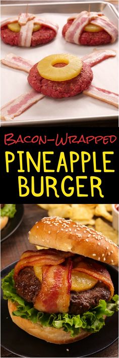 bacon wrapped pineapple burger on a plate with the words bacon wrapped pineapple burger