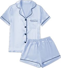 Cute Pjs Victoria Secret, Cute Silky Pajamas, Silk Pjs Aesthetic, Blue Silk Pajamas, Cute Pajamas For Women, Preppy Pjs, Cute Pj Sets, Blue Pjs, Sleeping Clothes