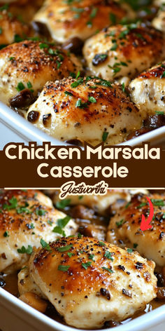 chicken marsala casserole with mushrooms and parsley in a white baking dish