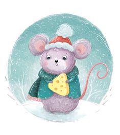 a drawing of a mouse wearing a santa hat and scarf holding a piece of cheese