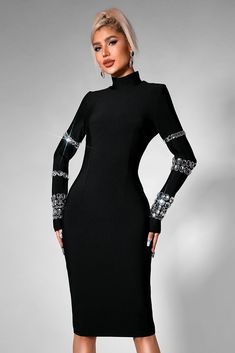 Rhinestone Studded Long Sleeve Bandage Black Midi Dress: This dress, embellished with shimmering rhinestones, offers a stunning and seductive look. Its figure-hugging design accentuates your curves, making it perfect for glamorous evenings, parties, and upscale gatherings. Handmade customization Fabric composition: 90% polyester fiber, 10% spandex Washing method: hand wash or dry clean Popular elements: rhinestone Luxury Black Sweater Dress For Evening, Luxury Long Sleeve Embellished Bodycon Dress, Luxury Black Long Sleeve Sequin Dress, Luxury Black Long Sleeve Midi Dress, Long Sleeve Bandage Dress, Luxury Black Midi Dress With 3/4 Sleeves, Black Midi, Figure Flattering Dresses, Sparkly Dress