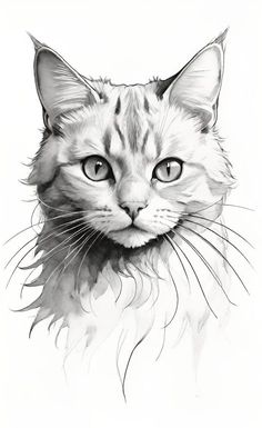 a pencil drawing of a cat's face with blue eyes and long whiskers