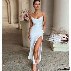 Olivia Mark - Sleek Open-Back Bodycon Spaghetti Strap Maxi Dress Mandarin Collar Dress, Strap Maxi Dress, Strapless Bodycon Dress, Dress Collar, Spaghetti Strap Maxi Dress, Silk Pajama Set, Home Dress, Fairy Dress, White Maxi Dresses