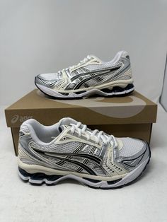 Asics Sportstyle Gel-Kayano 14 White Midnight Running Women Shoes 1202A056-109 Sizes:  5, 5.5, 6, 6.5, 7, 7.5, 8.5 Condition: These are brand new with box. Never worn. Perfect Condition. Pet and smoke free home! Box Condition: BOXES MAY HAVE SOME DAMAGES DUE TO NATURAL SHIPPING AND STORAGE REASONS!  DAMAGE MAY INCLUDE THE FOLLOWING: - SLIGHT RIPS AND TEARS ALONG THE BOX - DENTS OR SLIGHT BOX DEFORMITY - SLIGHT CUTS/SLITS FROM OPENING THE PACKAGE SHOES WILL ALWAYS BE IN PERFECT CONDITION REGARDLESS OF BOX CONDITION. ANY ISSUES OR IMPERFECTIONS WITH THE SHOE ITSELF WILL BE DISCLOSED IN THE LISTING AND WILL NOT BE HIDDEN FROM CUSTOMERS! Acisis Shoes, Asics Aesthetic, Asics Shoes Women, Shoe Plug, Asics Kayano, Decals Codes, Asics Sportstyle, Bloxburg Decals, Asics Gel Kayano