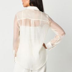 This Worthington women's semi-sheer luxe blouse provides a fresh contemporary take for work or a dinner date. Crafted from soft crinkled organza and a satin yoke and cuffs, this button-down has a beautiful feminine silhouette. Style it with tailored pants and pointed-toe pumps. Closure Type: ButtonFit: Regular FitNeckline: Collar NeckSleeve Length: Long SleeveSleeve Style: Cuffed SleeveApparel Length: 29 InchesFiber Content: 55% Nylon, 45% PolyesterFabric Description: OrganzaCollar: Point Colla… Sheer Luxe, Feminine Silhouette, Blouse White, Tailored Pants, Polar Bear, Women Long Sleeve, Shirts Tops, Sleeve Blouse, Long Sleeve Blouse