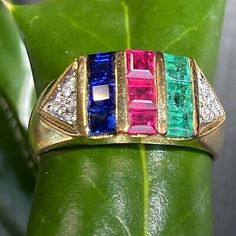 18K Yellow Gold Blue Sapphire Ruby Emerald Diamond Vintage Ring Wide Band 6.25 | eBay Oval Multicolor Gemstones For Anniversary, Multicolor Oval Gemstones For Anniversary, Luxury Multicolor Ruby Ring, Multicolor Diamond Gemstones With Accents, Formal Multicolor Diamond Gemstones, Multicolor 14k Gold Gemstones, Heirloom Multicolor Gemstone Ring, Multicolor Oval Heirloom Ring, Heirloom Style Multicolor Oval Rings