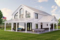 this is an artist's rendering of a modern farmhouse style home in the country