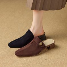 CHIKO Arantzazu Pointy Toe Block Heels Clogs/Mules Shoes feature suede upper, synthetic lining, rubber sole. Heel height is approx. 1.5" (4 cm) The post CHIKO Arantzazu Pointy Toe Block Heels Clogs/Mules Shoes appeared first on Chiko Shoes. Brown Pointed Toe Mules With Contrasting Heel Counter, Brown Pointed Toe Mules With Contrasting Heel, Brown Block Heel Mules With Contrasting Counter, Brown Mules With Contrasting Block Heel, Suede Clogs For Workwear, Low Heel Mules With Wooden Heel For Workwear, Low Heel Wooden Mules For Work, Suede Slip-on Mules With Wooden Heel, Brown Wooden Heel Mules For Work