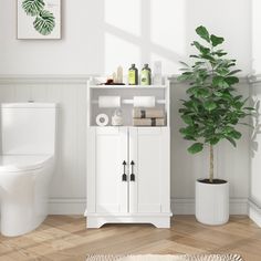 a white toilet sitting next to a tall green plant in a bathroom under a window