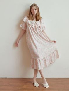 Composition : Outshell  :100% Cotton ( double gauze) Color : Pink Country of Origin : Republic of Korea Short Sleeve Ruffled Midi Dress For Daywear, Cottagecore Short Sleeve Midi Dress For Daywear, Feminine Short Sleeve Dresses, Pink Short Sleeve Loungewear Dress, Pink Short Sleeve Dress For Loungewear, Summer Short Sleeve Cottagecore Dresses, Cottagecore Short Sleeve Midi Dress, Cottagecore Short Sleeve Summer Dresses, Short Sleeve Dresses With Lace Trim For Loungewear