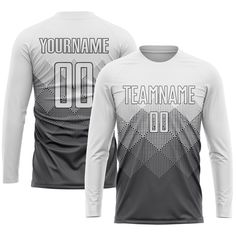 a gray and white long sleeve shirt with the words team name on it