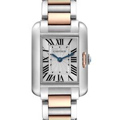 Cartier Tank Anglaise Small Steel Rose Gold Ladies Watch W5310036. Quartz movement. Stainless steel and 18K rose gold case 30.2 x 22.7 mm. Circular grained crown set with blue spinel. . Scratch resistant sapphire crystal. Flinque guilloche silver dial with black Roman numerals. Inner minute track. Sword shaped blued steel hands. Stainless steel and 18k rose gold bracelet with hidden butterfly clasp. Fits 6" wrist. Cartier Tank Anglaise, Cartier Tank Solo, Stainless Steel Tanks, Blue Spinel, Cartier Tank, Cartier Watch, Rose Gold Case, Rose Gold Bracelet, Ladies Watch